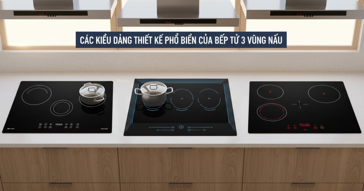 Các kiểu dáng thiết kế phổ biến của bếp từ 3 vùng nấu